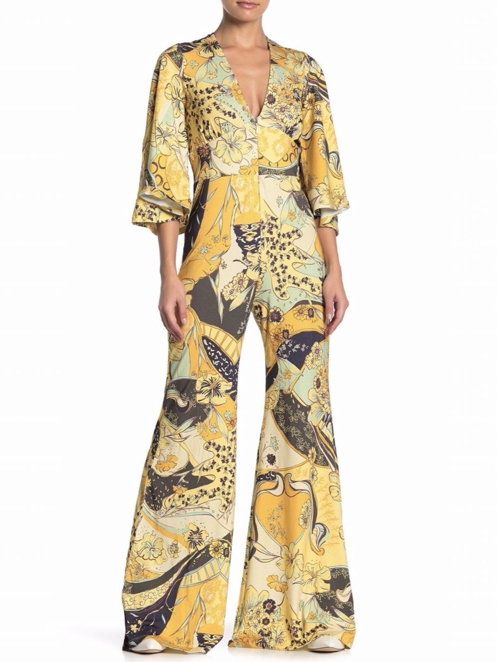 Free People Yellow Floral Patchwork V-Neck Wide-Leg Jumpsuit